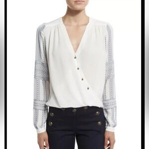 Veronica Beard Silk Long Sleeve Embroidered Blouse V-neck Size 0